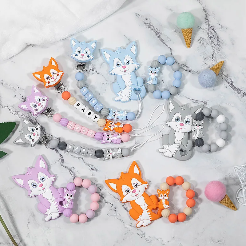 

TYRY.HU Customed Name Silicone Letter Beads Pacifier Chain Cartoon Fox Teether Bracelet For Newborn Baby Girl Boy Shower Gift