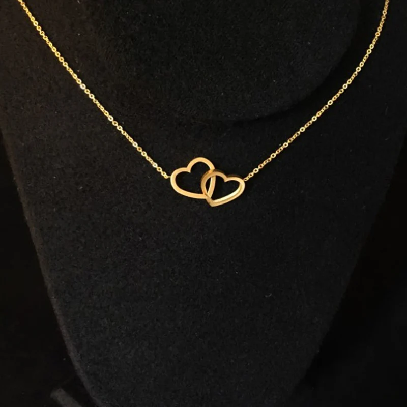 Новинка женское ожерелье с двойным сердцем романтичное Золотое из нержавеющей