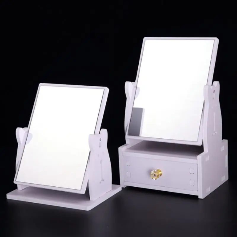 Вращающееся деревянное зеркало для макияжа с милым кроликом выдвижным ящиком DIY