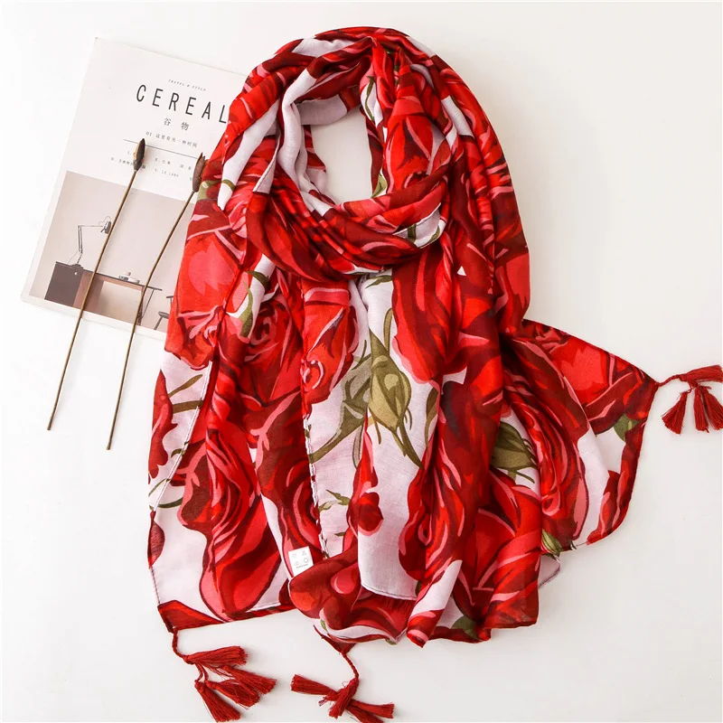 

2021 Spring And Autumn New Style Rose Print Silk Scarves Women Cotton And Linen Scarf Popular Ethnic Style Beach Sunscreen Shawl