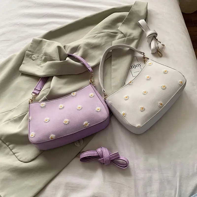 

PU Leather Ladies Small Shoulder Messenger Bag Fashion Daisy Flower Women Baguette Handbags Female Clutch Purse Armpit Bag Bolsa