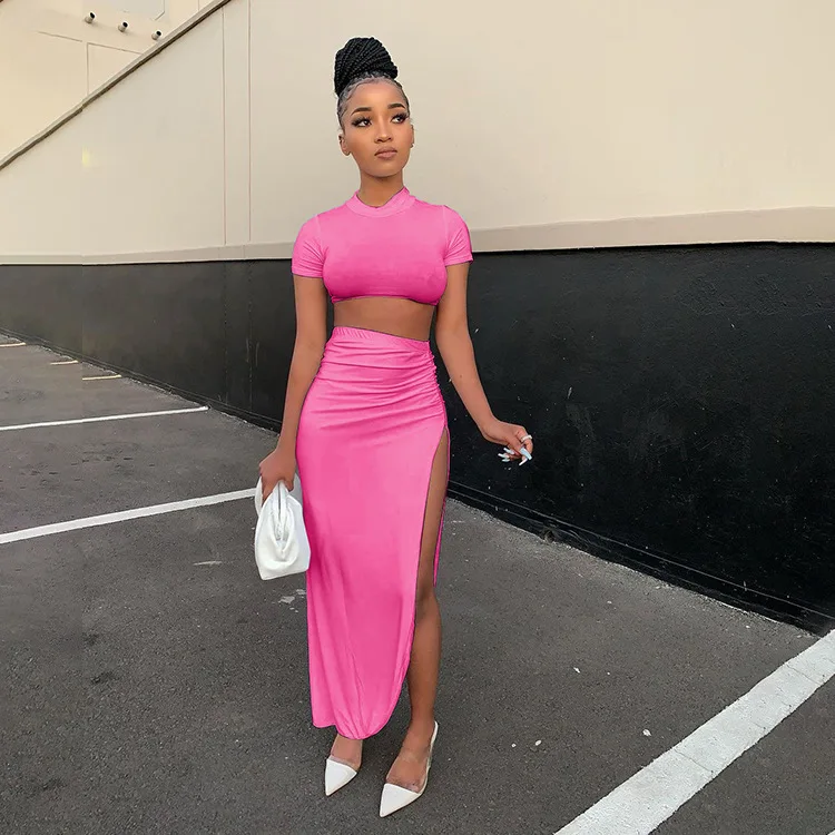 

2021 New Two Piece Set Summer Dress Outfits Women Sexy T-shirt Crop Top And High Waist Split Skirt Matching Set For Party Club