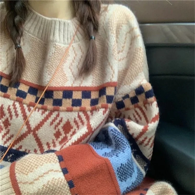 

Korean Retro Jacquard Sweater Loose Pullover Women's Autumn Winter Round Neck Super College Style Sweater 2021 New