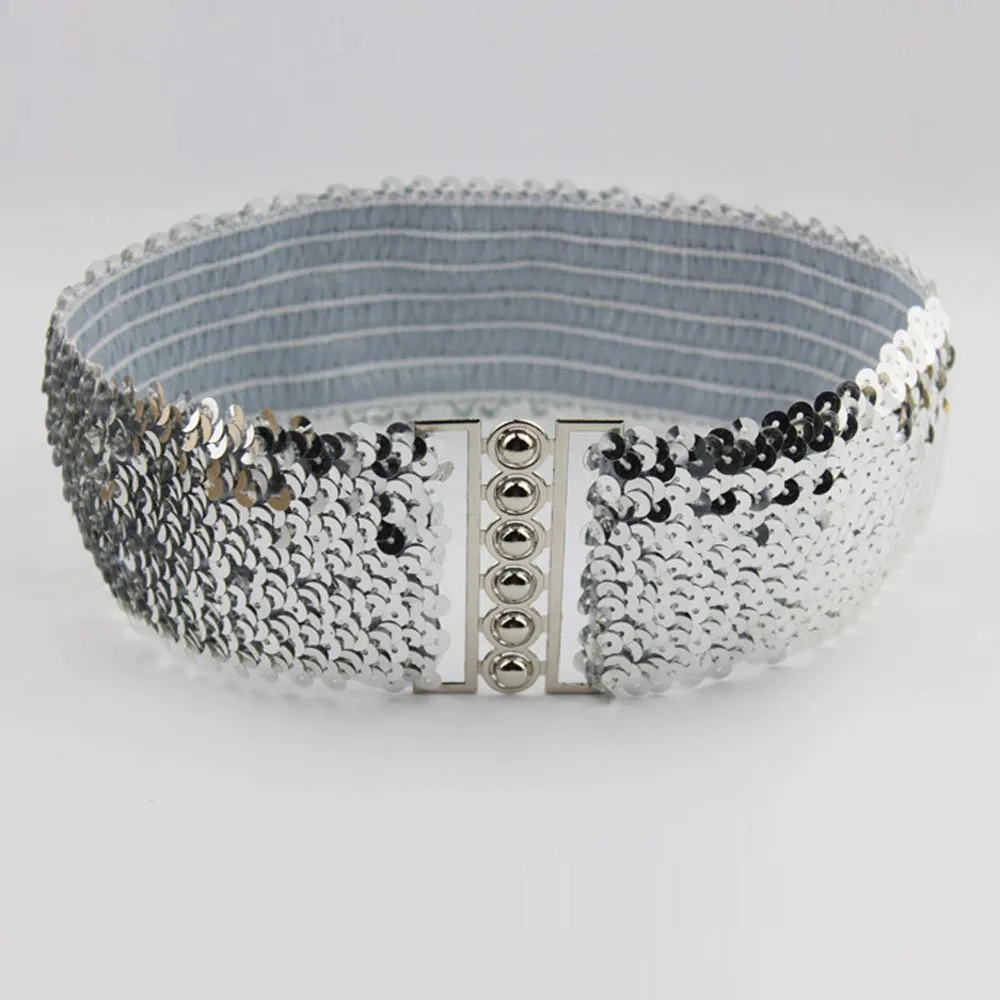 Women Fashion sequins Belt Straps Sequin Elastic Waistband Buckle Wide Stretch Belts Casual Corset Strap Dress Decor New |