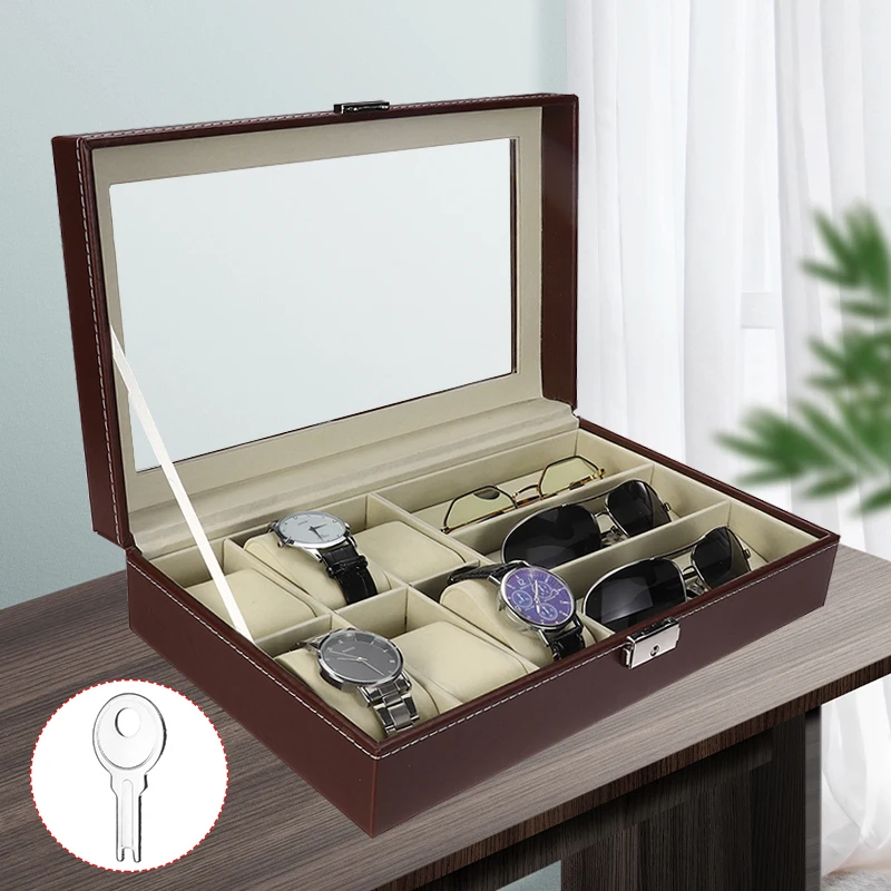 Новинка 9 ячеек коробка для часов кожаная стеклянная Чехол очков органайзер