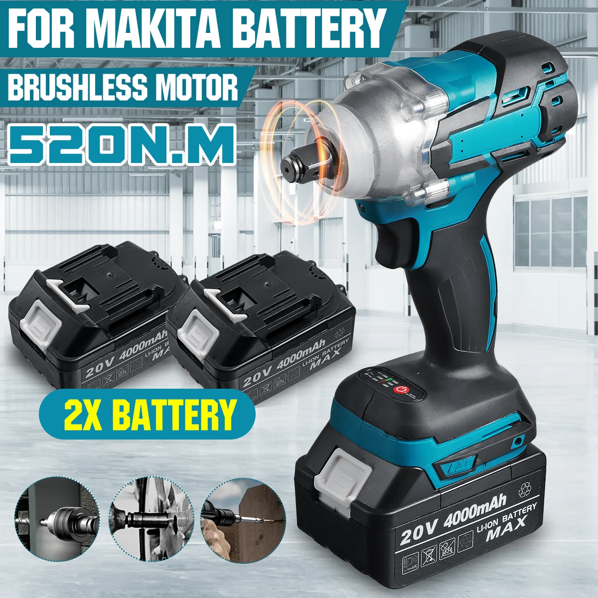 

NEW 520N.M Brushless Electric Impact Wrench Rechargeable 1/2 Socket Cordless Wrench Power Tools 7000rpm for Makita 18V Battery