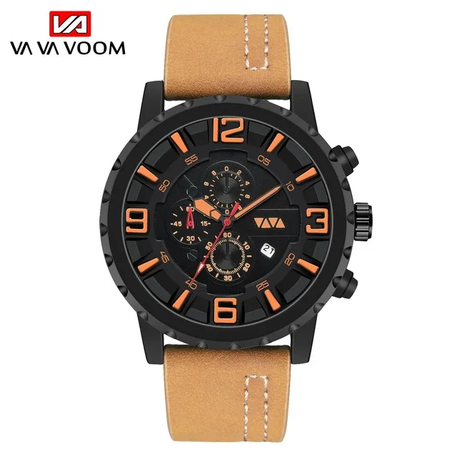 

VA VA VOOM 203 Men's Sports Quartz Watch Large Dial With Calendar Men Business Casual Waterproof Leather Wristwatches