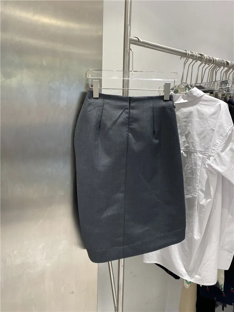 

French celebrity niche design fashion solid color split irregular bead stitching chain high waist women's skirt