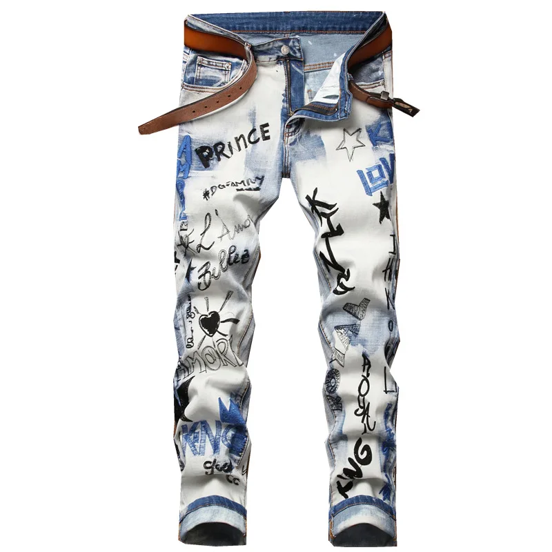 

Mens Jeans Personality Graffiti Printing Hip Hop Elasticity Denim Pants Streetwear Stretch Male Straight Trousers