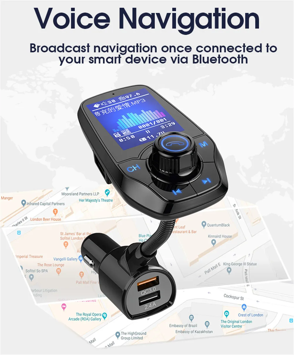Автомобильный Bluetooth fm-передатчик без рук MP3-плеер цветной большой экран пусковой приемник QC3.0 Bluetooth радио передатчик T26D