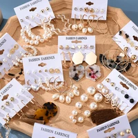 2021 new retro acrylic pearl hoop earrings set for women geometric gold metal stud earrings female trendy statement jewelry gift