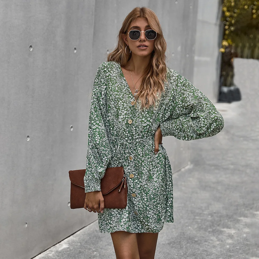 

Women's Fall 2020 New Products Sexy V-neck Floral Printed Dress Female Single Breasted A-line Mini Dresses Femme Robe Vestidos