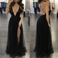 sexy black side slit strapless prom evening dresses formal tulle a line backless party gowns robe soir%c3%a9e femme vestidos de noche