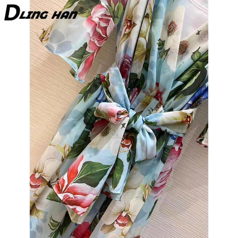 

DLINGHAN Fashion Flower Print Midi Dress Elegant Short sleeve V-Neck Sashes Vacation Chiffon Dresses Designer Summer New