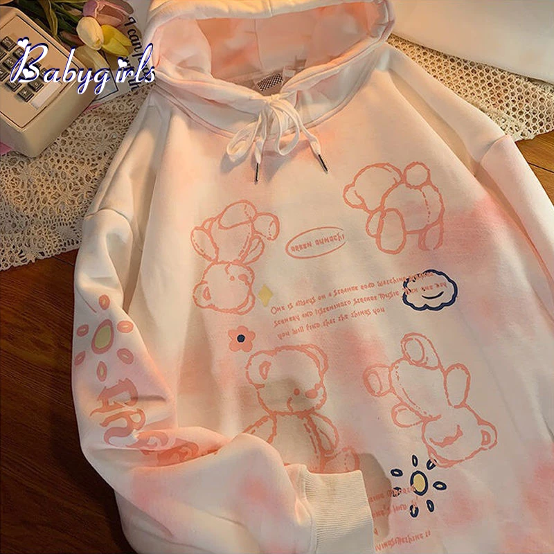 

2021 Spring Autumn Cute Oversized Casual Printed Hoodie Women's Harajuku Pullover Sweatshirts Vintage Winter Warm Pink Tops