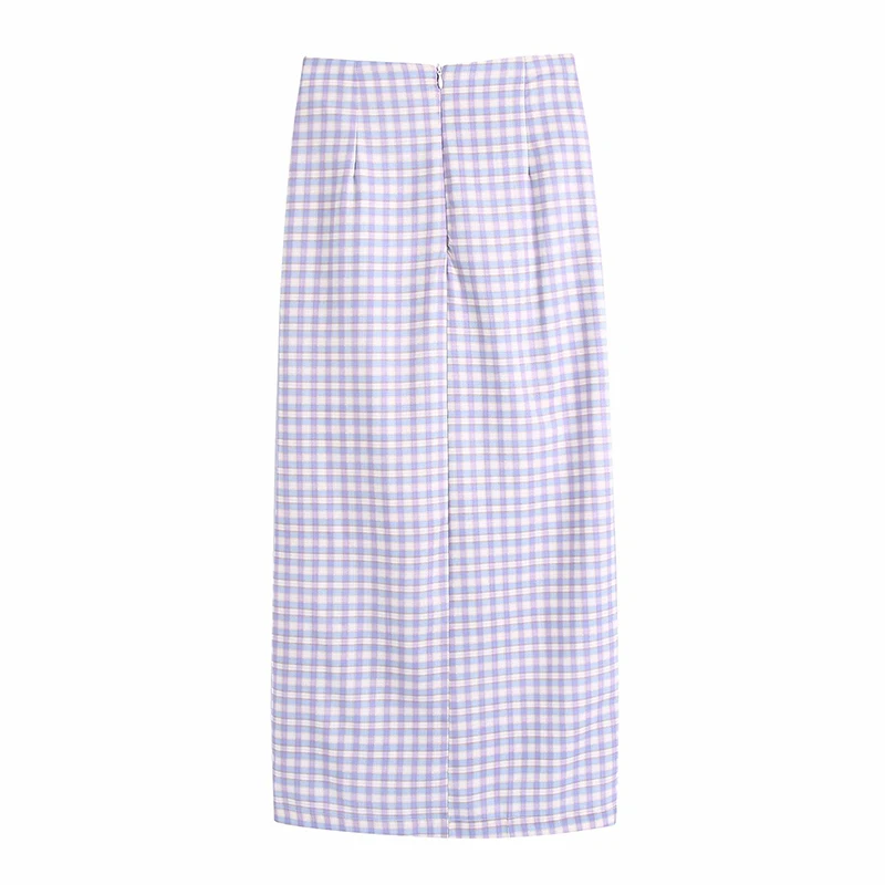 

WXWT Za Women Knot Decoration Plaid Midi Skirt Back Zipper Ladies Elegant Chic Mid Calf Skirts BB1775