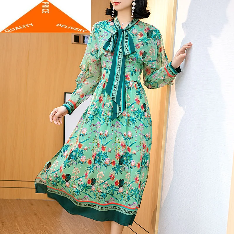 Женское длинное платье из натурального шелка элегантное офисное с цветочным