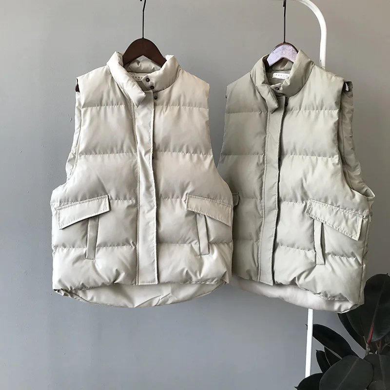 

Kalenmos Parkas Sleeveless Vest Cotton Jacket Korean solid color Simple Loose Stand-up Collar Bread Winter Jacket Women coat