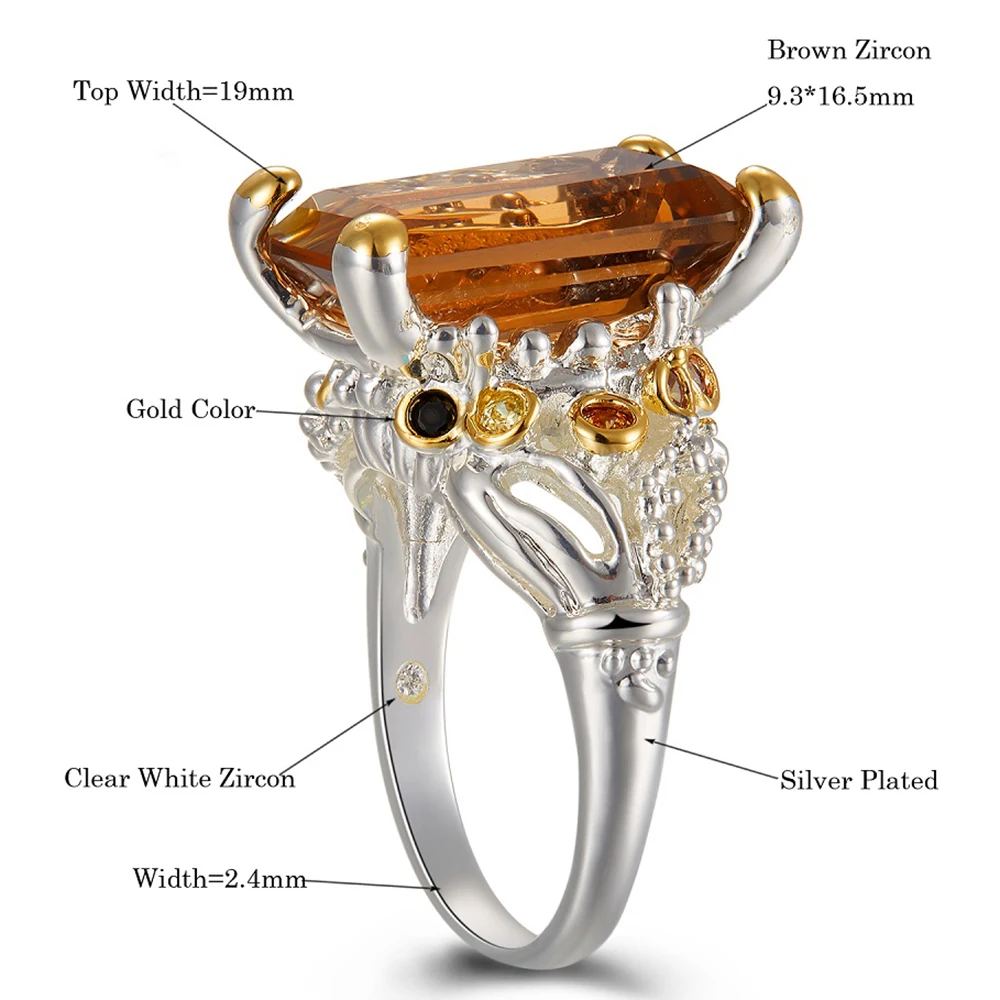 Женское кольцо из коричневого циркония большие прямоугольные кольца