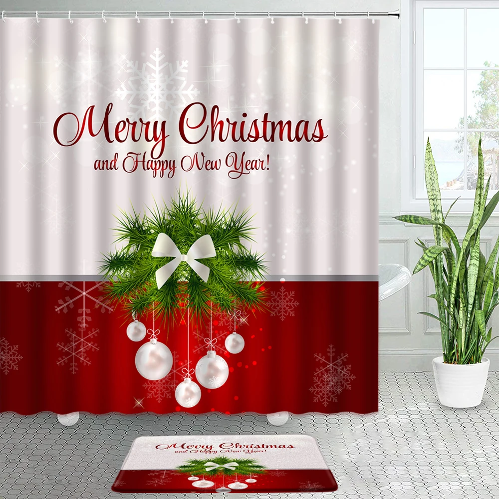 

Christmas Shower Curtain Bath Mats Holiday Season Backdrop Pine Leaves Ball Classic Design Print Bathroom Decor Set with Hooks