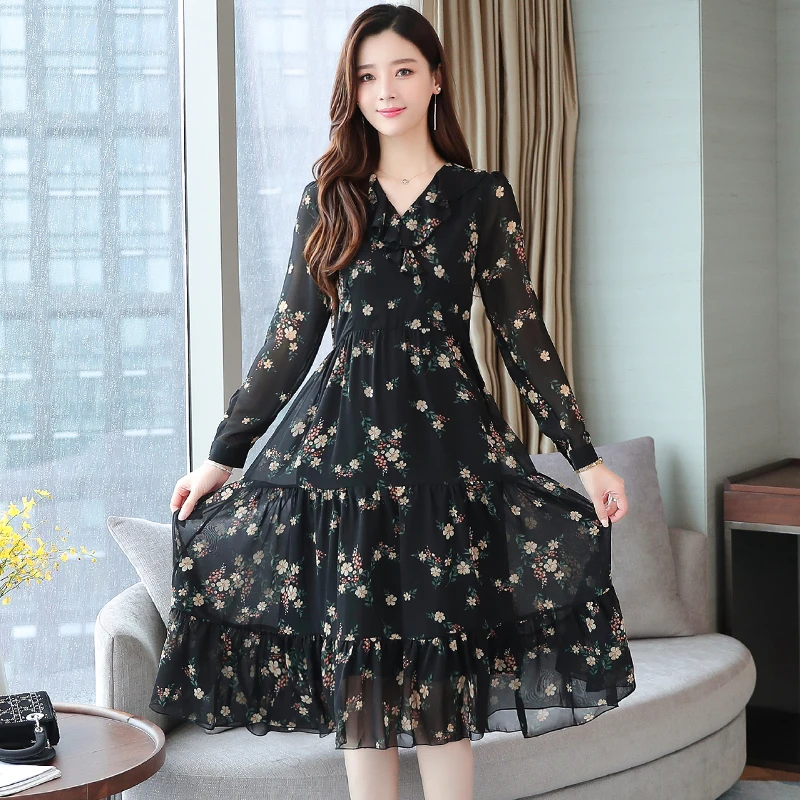 Женское шифоновое платье миди с длинным рукавом и V образным вырезом|Женские