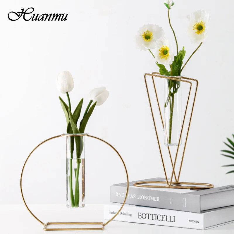 

Nordic Glass Hydroponic Vase Geometric Metal Wrought Iron Test Tube Transparent Glass Vase Flower Arrangement Home Decoration