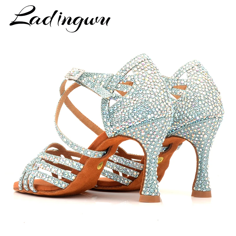 Ladingwu Rhinestone Latin Salsa Performance Dance Shoes Dancing Shoes Ballroom Dance Shoes Women Light Blue Glitter Cloth Dance
