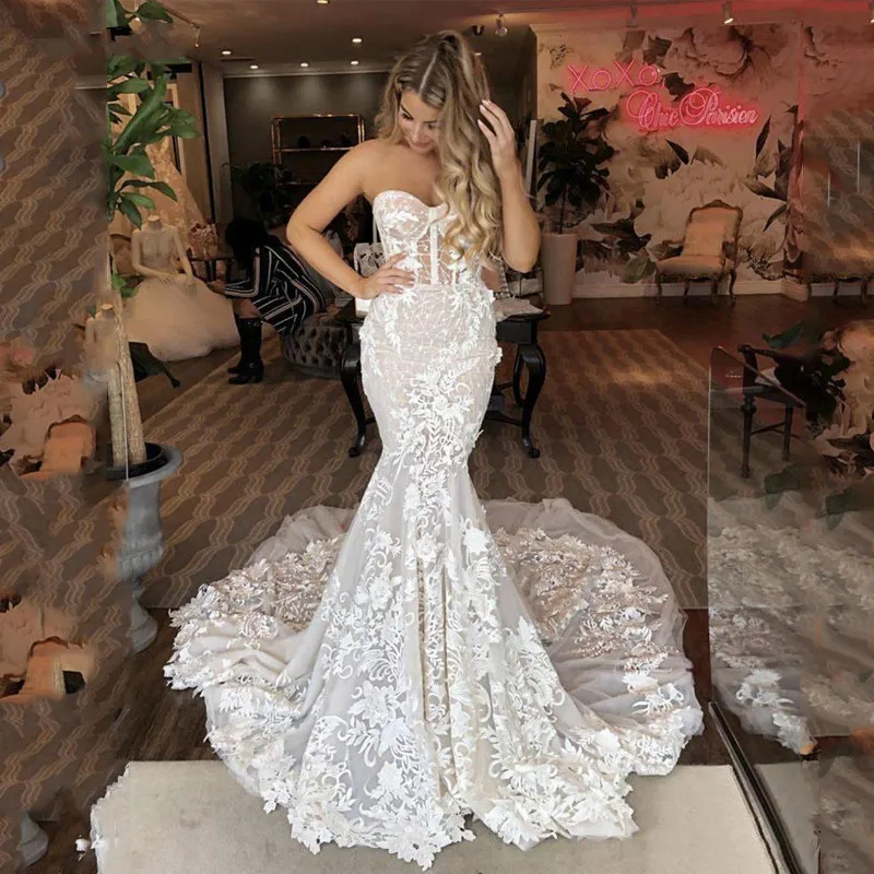 

Mermaid Wedding Dress Treasure Bride Dress Appliqued With Flowers Tip Boho Bridal Gown Vestidos De Novia Robe De Mariee