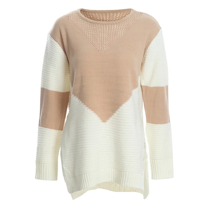 Sueter Mujer Invierno 2019 Women's Fashion Long Sleeve Colorblock Hollow Knitted Sweater Wrap Pullover Loose Casual Army Top | Мужская