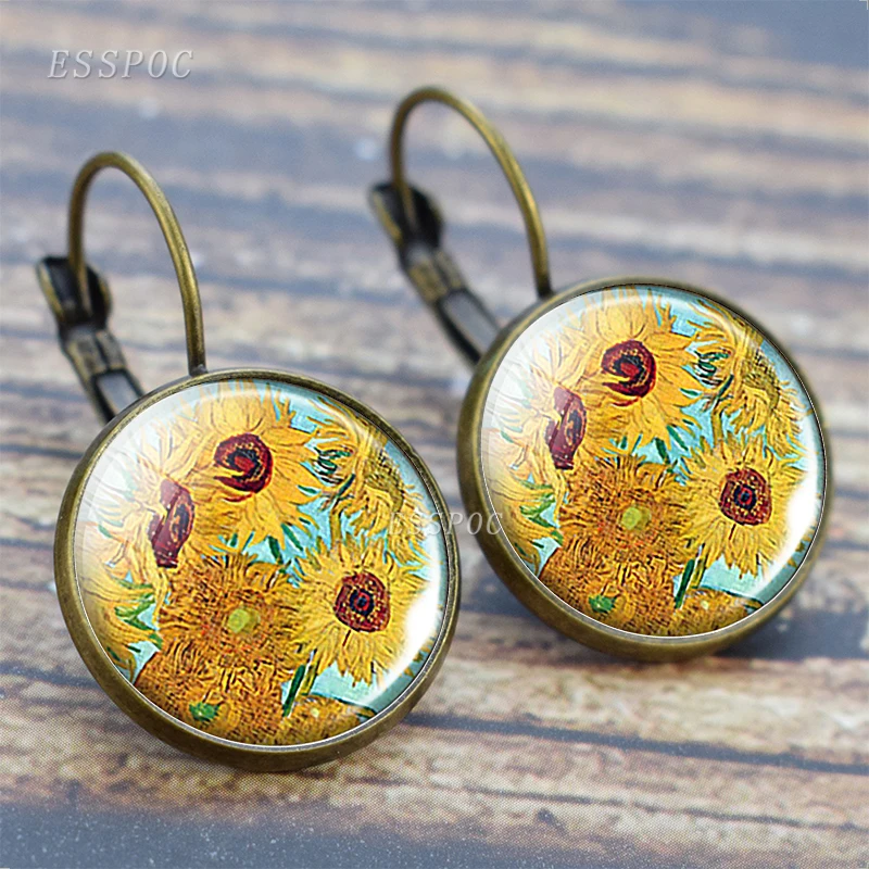 Модные серьги Van Gogh, Франция, серьги-гвоздики, бижутерия со стеклянными кабошонами, звездная ночь, Подсолнух, ушные крючки для женщин, подарок для влюбленных девушек