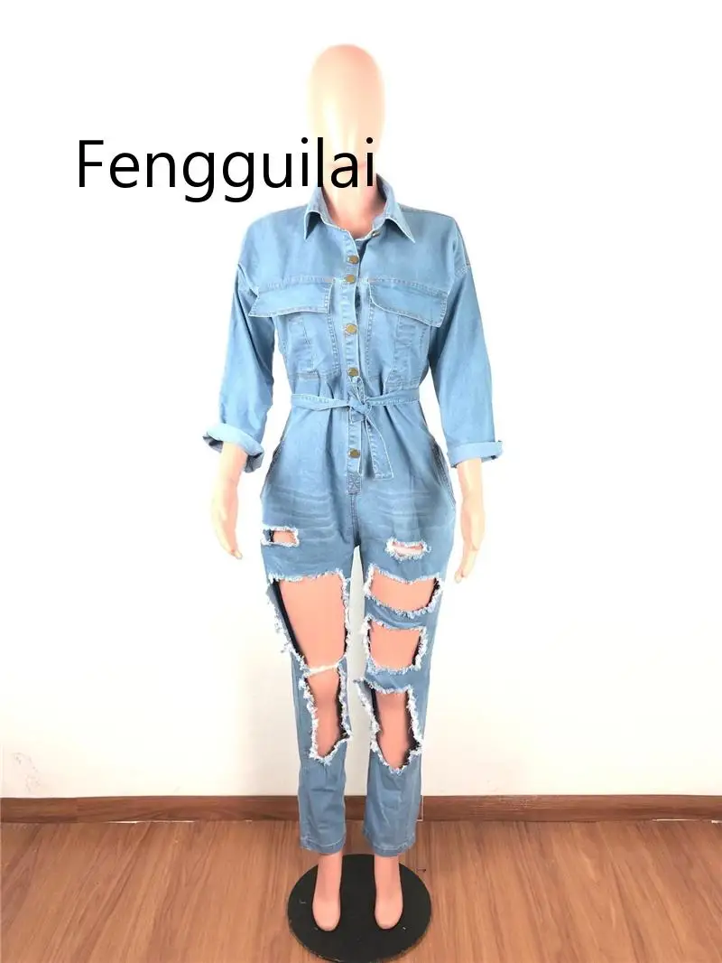 FENGGUILAI модные сексуальные рваные джинсы комбинезон женские Комбинезоны пуговицы