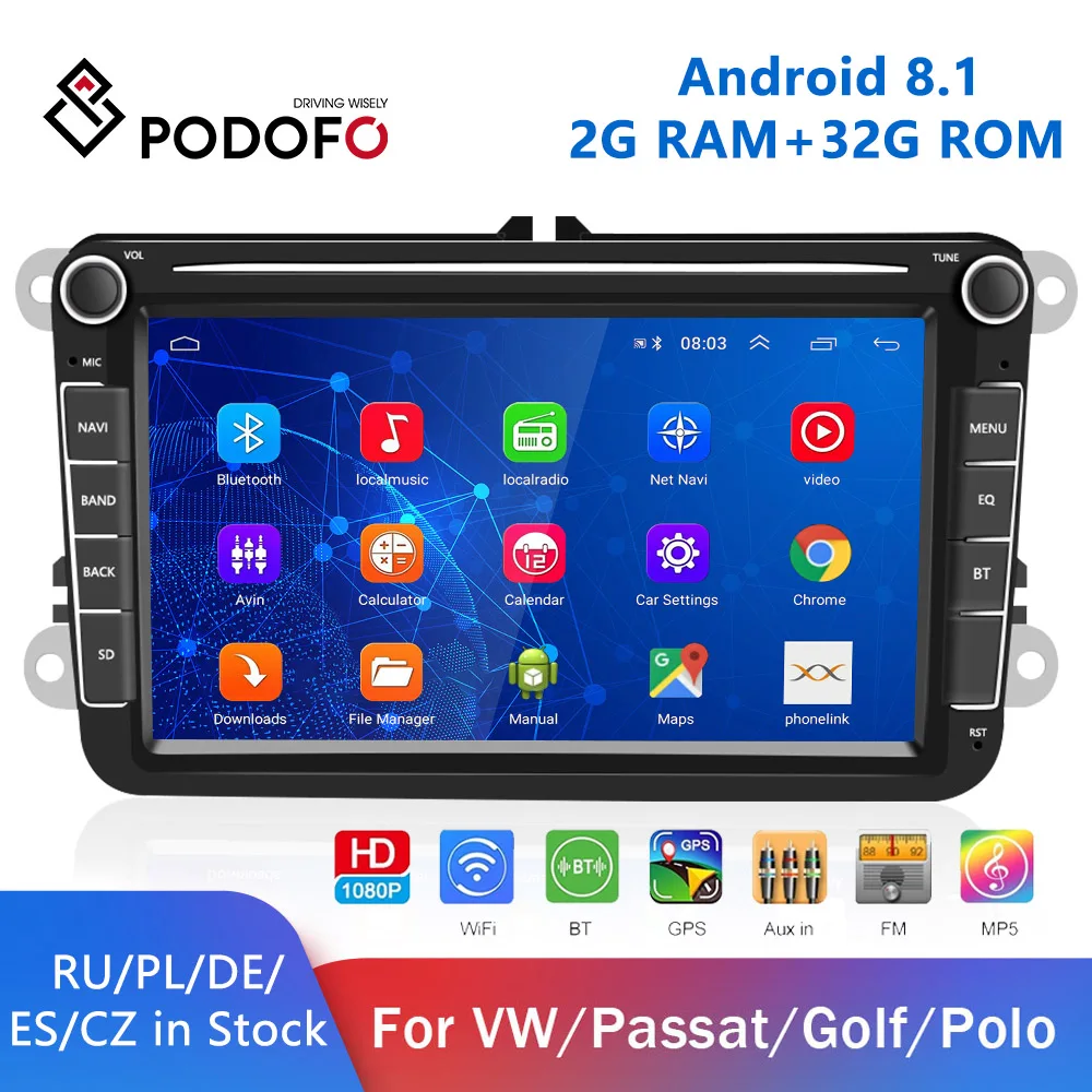 $95.29 Podofo 2Din Android 8.1 Car Radio GPS Stereo Receiver Multimedia Player For Volkswagen/VW/Skoda/Passat B6/Seat/Octavia/Polo/Golf