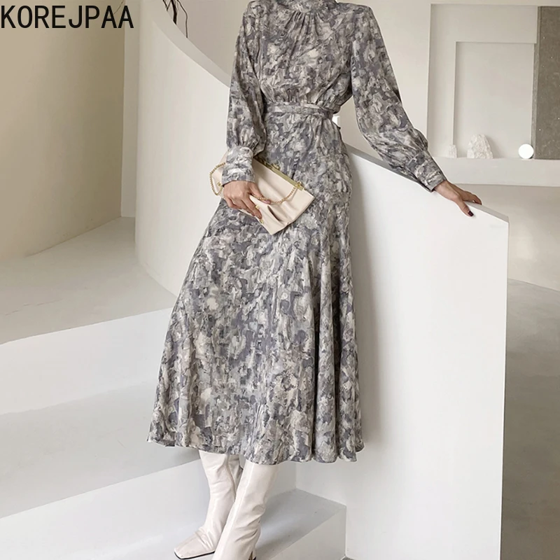 

Korejpaa Women Dress 2021 Korean Fashion Commute Early Autumn Elegant Blooming Ink Printing Stand-up Collar Tie Waist Vestidos