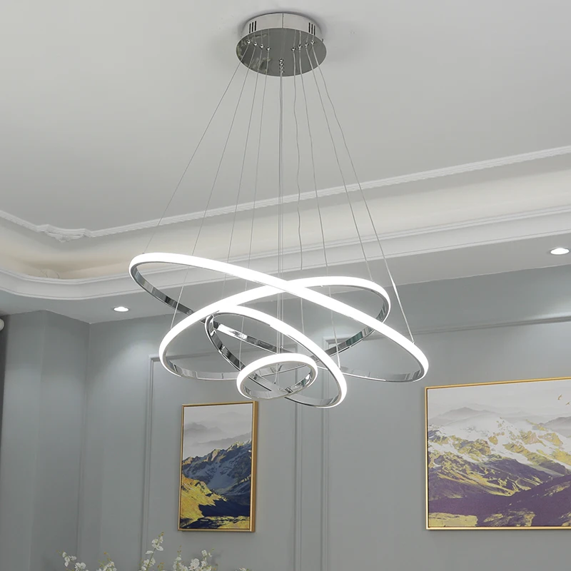 

Modern LED pendant light For Living Room Bedroom Dining Room Chrome plating ring pendant lamp Ring80 60 40 20cm new