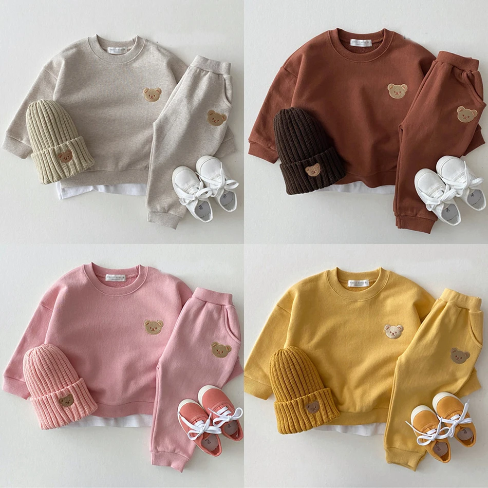 

Children Boutique Outfits Kids Sports Wear Bear Embroidery Sweatshirt+Pants 2 Piece Suit Boys Tracksuit Toddler Girl Clothes Set