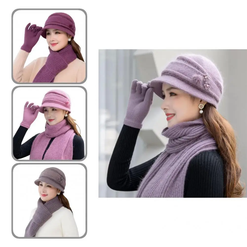 

Thick 1 Set High Quality Women Winter Knitted Hat Mittens Breathable Hat Scarf Gloves Non-allergenic for Outdoor