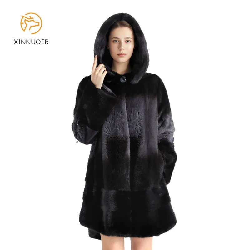 Норковое Пальто Женское пальто серое удлиненное платье с капюшоном может быть изготовлено по