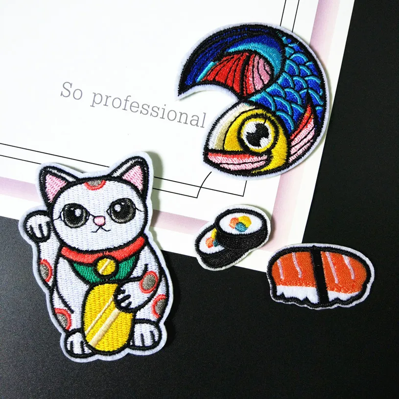 1SET Japanese vintage Style Fortune Cat Scarp Salmon Sushi Embroidery Cloth Pasted Brooch Iron on patches Sew On Applique Badge | Дом и сад
