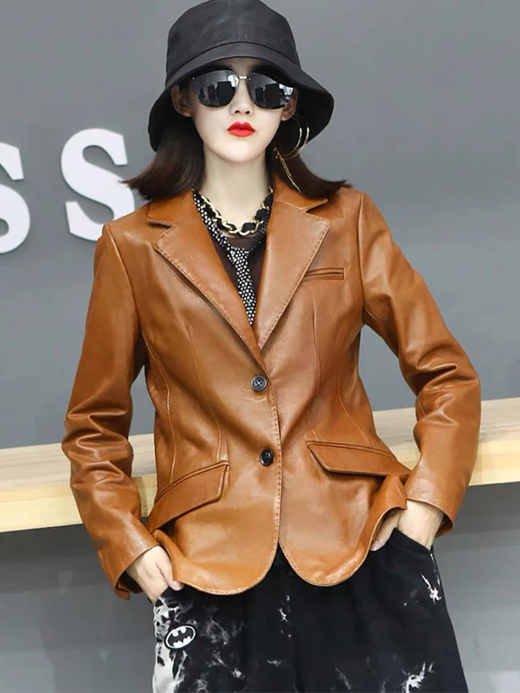 Hot Sale High Quality Spring Autumn Office Lady Thin Real Sheepskin Leather Women Slim Genuine Leather Coat