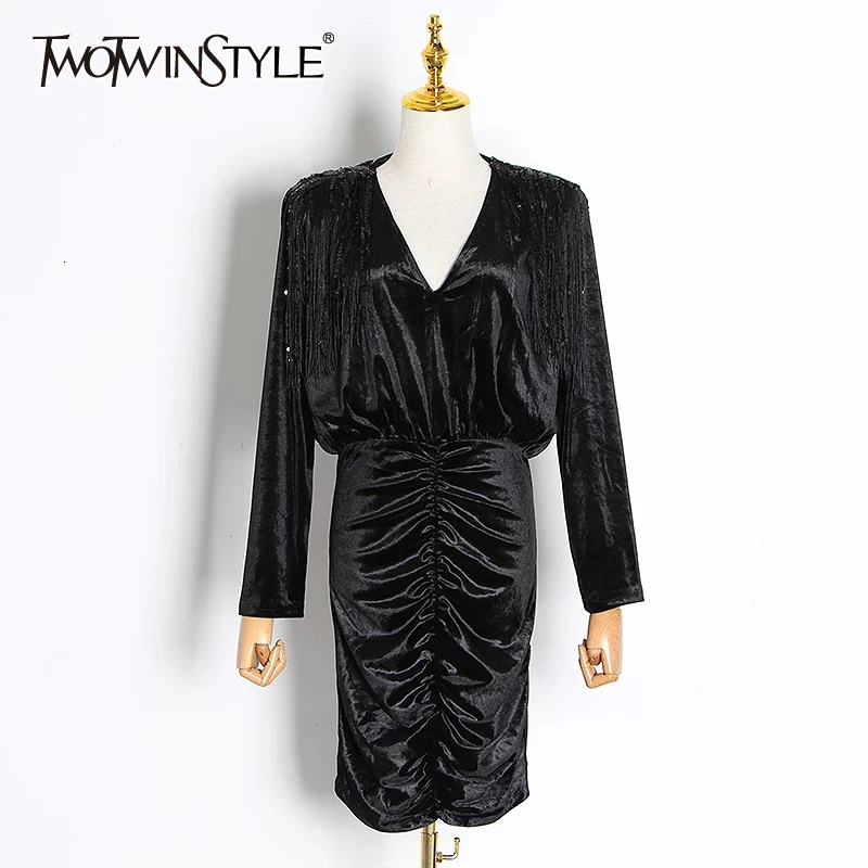 

Женское мини-платье TWOTWINSTYLE, черное лоскутное платье с кисточками, v-образным вырезом, длинным рукавом и высокой талией на осень