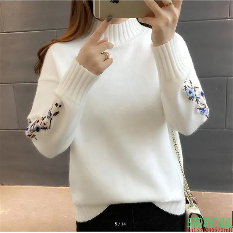 

High quality women fashion 2018 Turtleneck sweater women top woman long sleeve warm sweaters Embroidered Knitted pullover B3965