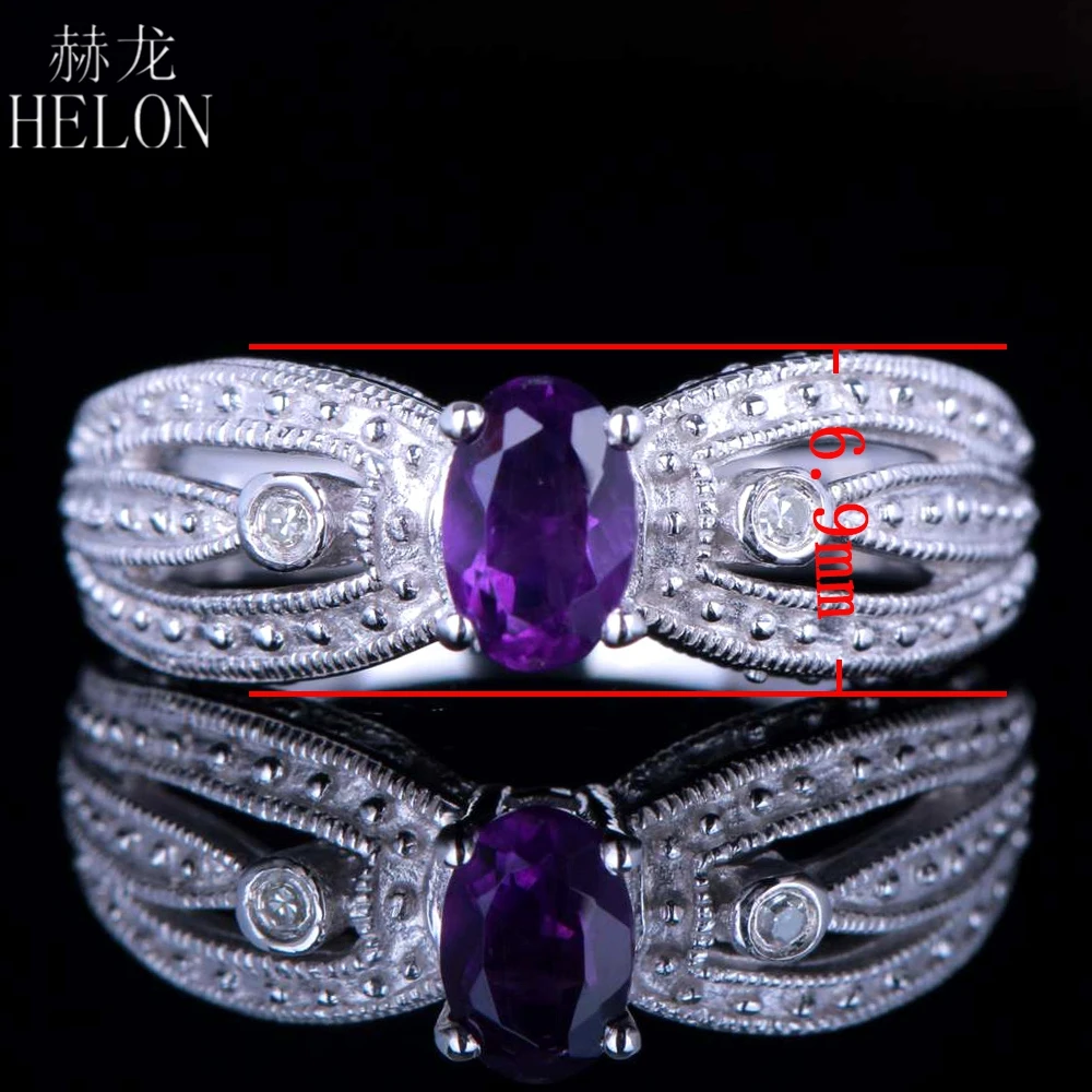 

HELON Solid 14k White Gold AU585 6x4mm Oval Genuine Natural Amethyst Diamonds Engagement Ring Women Vintage Antique Fine Jewelry