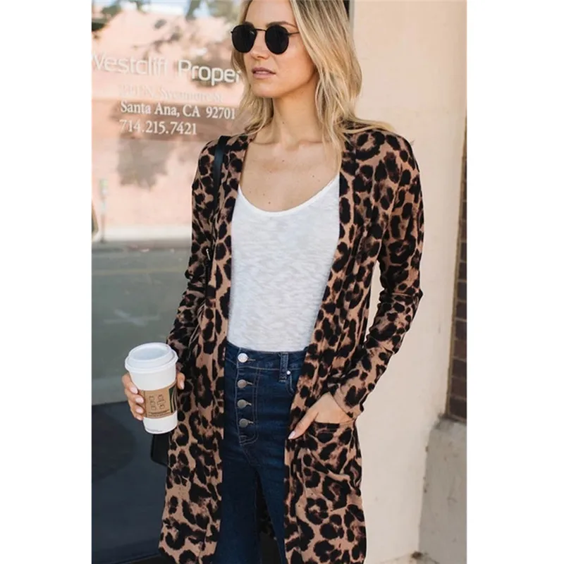 

Spring Women Thin Leopard Cardigan Long Casual Loose Pocket Jacket Open Stitch Oversized Vest Women Vest Jacket Coat OL