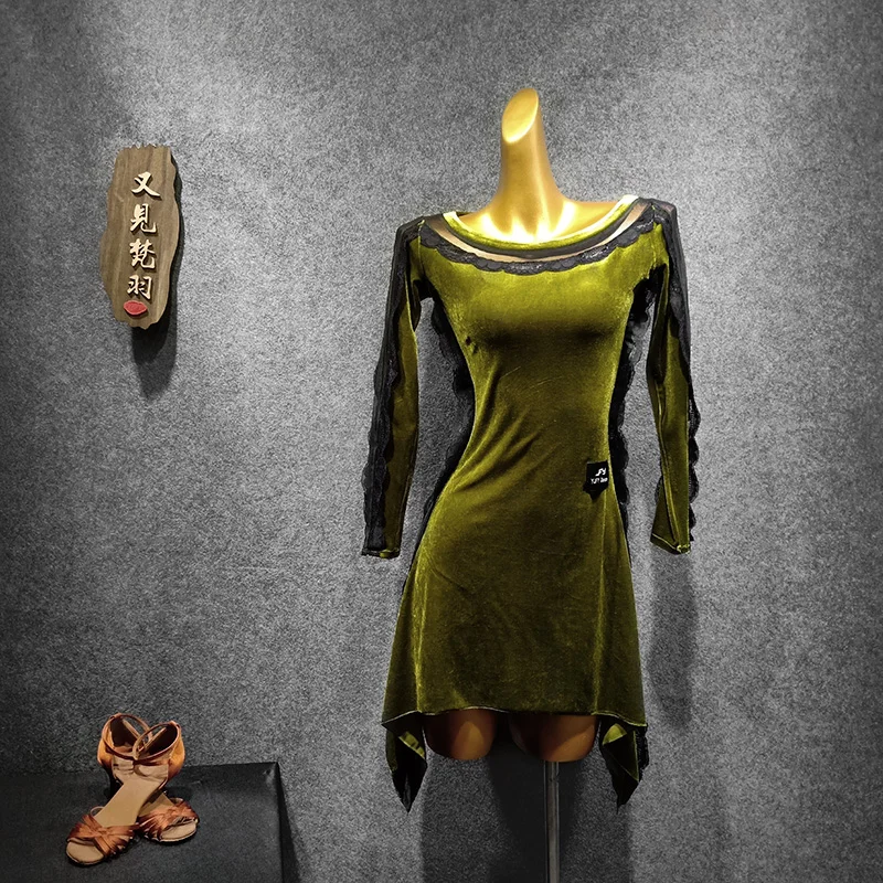 Зеленые платья для латинских танцев на продажу вельветовое платье Танго Дешевое