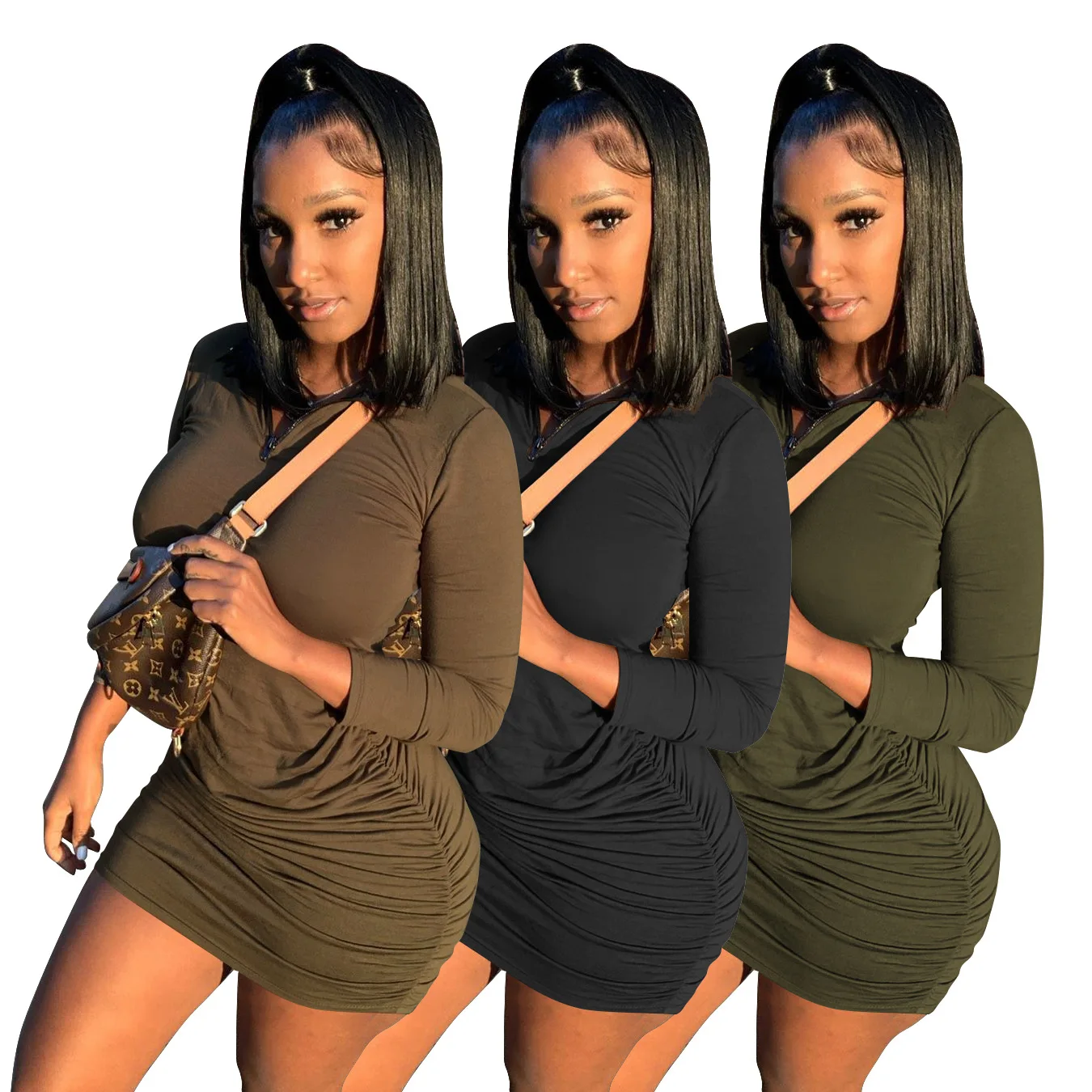 

Echoine Autumn Solid Women Sexy Long Sleeve Draped Stacked Mini Bodycon Dress Streetwear Ruched Zipper Up Pencil party Dresses