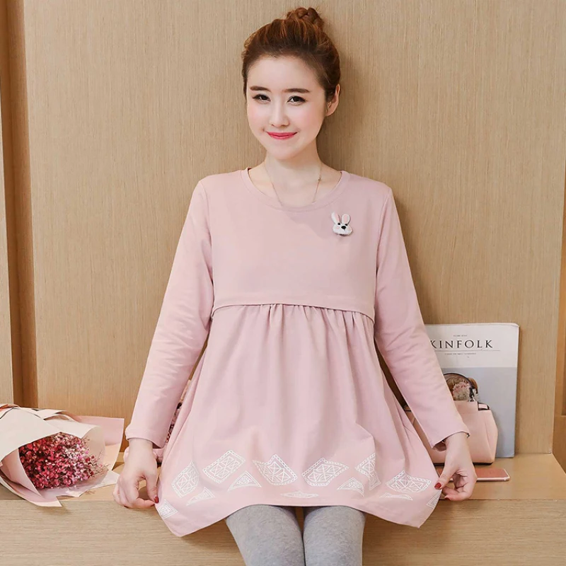 

1825# Autumn Long Sleeve Cotton Maternity Nursing Tees Breastfeeding T Shirt Clothes for Pregnant Women Pregnancy Feeding Tops