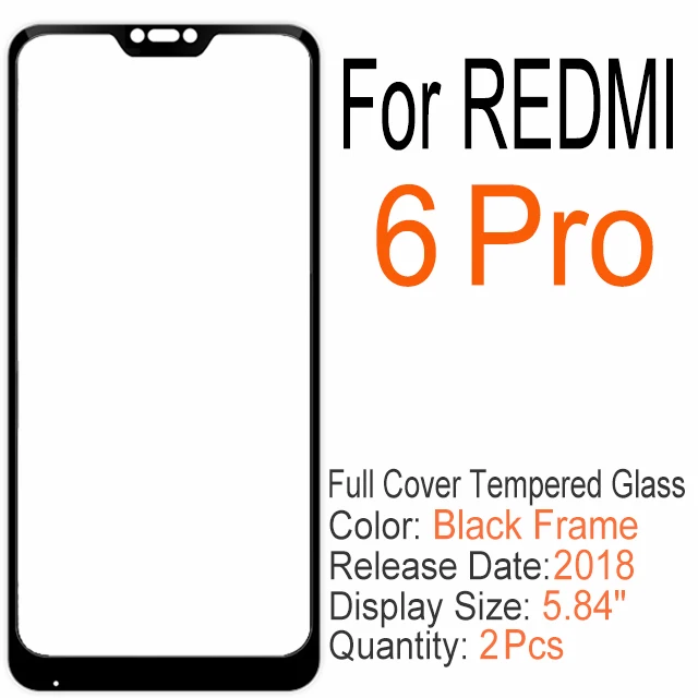 RedMi 6 Pro Black 2 шт полное покрытие из закаленного стекла для Xiaomi redmi 6 6A 7 7A K20 Note 6 7 Pro, Защитное стекло для экрана для redmi S2 GO Y3 - Цвет: RedMi 6 Pro Black