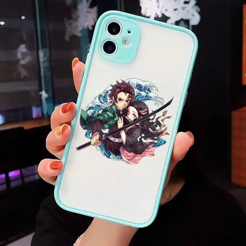 

Cute Japan Demon Slayer Phone Case For iPhone 12 11 Mini Pro XR XS Max 7 8 Plus X Matte transparent blue Back Cover