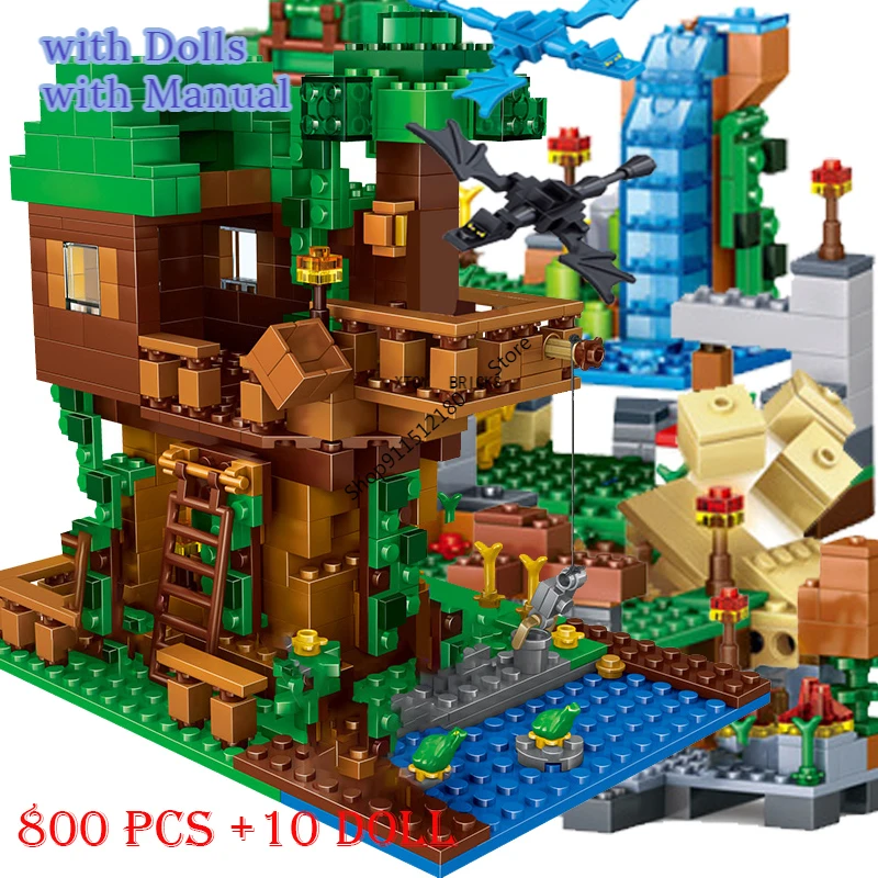 

1208PCS My Worlds Building Blocks The Mountain Cave Village Warhorse Tree House Elevator with Figures Bricks Toys Children Gift