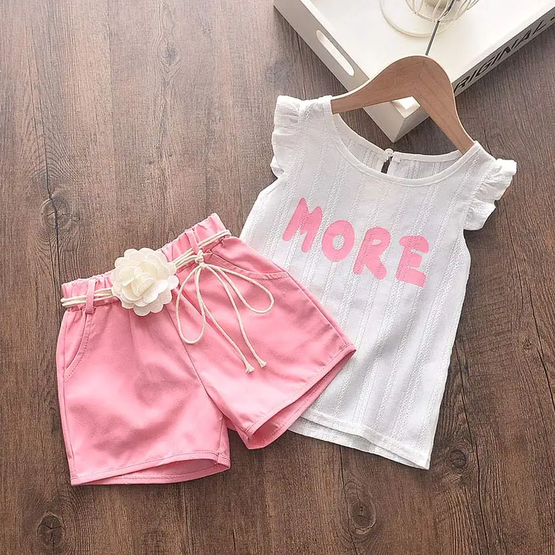 

Kids Summer Clothing Girls Sets Fashion Suit for 3-7 Years Letter T-shirt Shorts with Flower Belt Casual Outfit Children